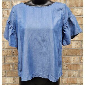 Loft Chambray Ruffle Puff Short Sleeve Crew Neck Blouse Denim Blue